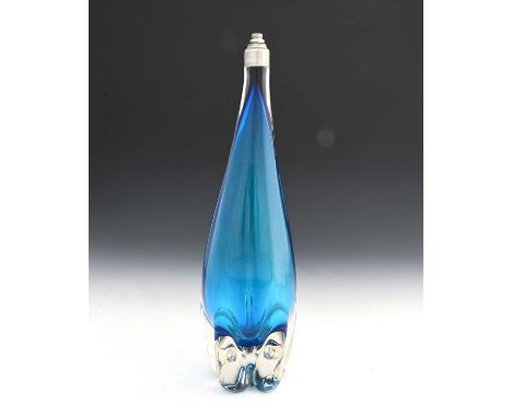 Geoffrey Baxter for Whitefriars, a molar glass lamp base, model MR1, circa 1957, Kingfisher blue cased, 42cm high