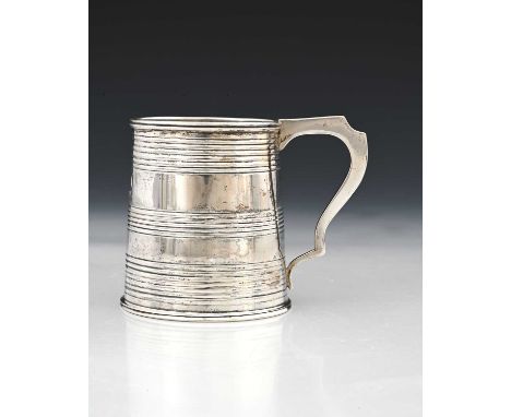 A George III English provincial silver mug, of tapered cylindrical form, decorated with coopered bands, inscribed "D. J. C. /