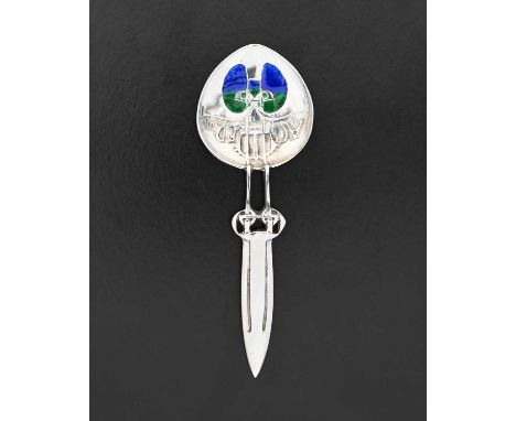 Archibald Knox for Liberty and Co., a Cymric Arts and Crafts silver and enamelled caddy spoon, Birmingham 1901, the pear shap