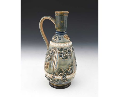 George Tinworth for Doulton Lambeth, a stoneware ewer, 1878, conical gourd form, sgraffito decorated and relief moulded seawe