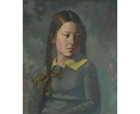 British School, mid-20th Century, portrait of a young, girl, half-length wearing a blue jumper with hair in pigtails, oil on 
