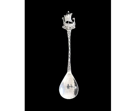 Alexander Ritchie (attributed), an Iona Arts and Crafts silver spoon, cast with a dragon boat in full sail, on a Celtic knot 