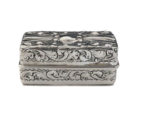 A late Victorian silver travelling curling tongs warmer, of rectangular form, the exterior decorated with foliate scrolls and