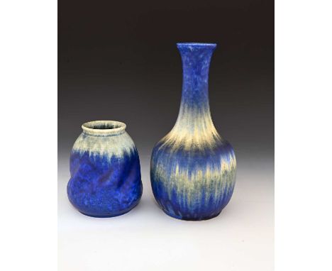 Ruskin Pottery, two Crystalline vases, 1932, one of mallet ovoid form with elongated neck, the other with wrythen dimples, ba