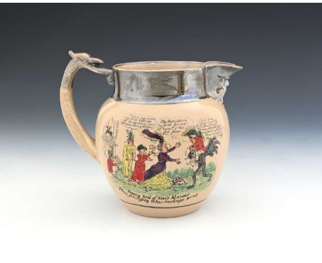 Napoleonic interest, a printed and coloured lustre mask jug, circa 1800, each side with a cartoon titled Boney tir'd of War's