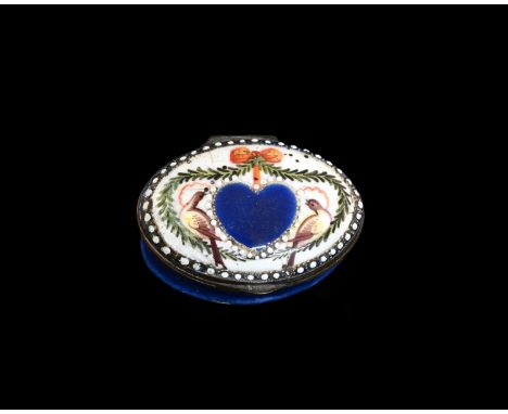 A Bilston enamel snuff box, circa 1780, with central heart and motto Remember the Giver, flanked by doves within a bow tied l