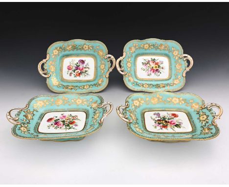 Four Victorian floral painted comports, Staffordshire, probably Coalport, circa 1850, rectangular form with foliate scroll ha