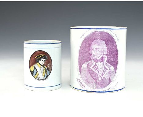 Two commemorative Nelson mugs, one printed with puce portrait and inscription, the other with a polychrome roundel, 12cm high