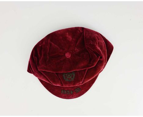 Stanley Matthews, an England International football cap, 1934-35, red velvet embroidered in gold thread with rose and dates, 