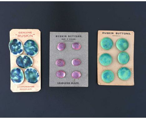 Ruskin Pottery, three sets of Souffle glazed buttons, on original cards, including six purple pink examples, six circular gre