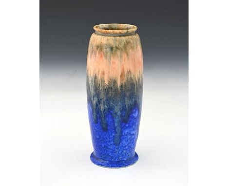 Ruskin Pottery, a Crystalline vase, 1922, barrel form, orange and green drip over curdled blue glaze, impressed marks, 16.5cm