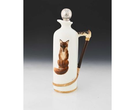 A signed Doulton advertising ceramic and Asprey silver mounted whiskey flask made for G. B. & Sons, Ltd., London, the body de