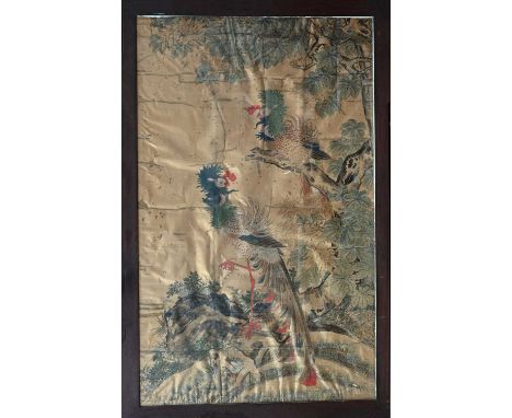 Chinese School, Qing Dynasty, 江都 Jiangdu, two exotic birds, likely phoenixes on a rocky outcrop and branch, signed 颜岳, possib