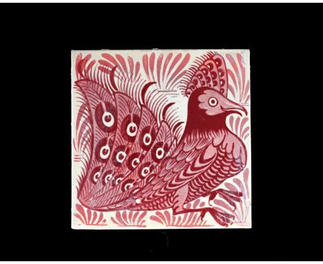 William De Morgan, an Arts and Crafts ruby lustre Ornate Bird or Peacock tile, Chelsea, circa 1880, painted with a bird facin