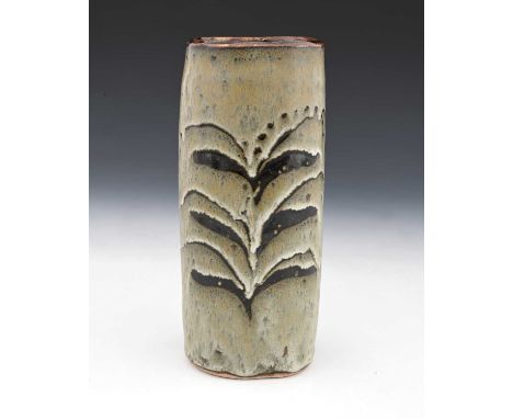 David Leach O.B.E. (British, 1911-2005), stoneware thrown and altered vase, Tenmoku glazed on the interior with oatmeal on th