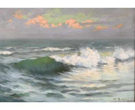 Beatrice Bright (British, 1861-1940), a seascape with breaking waves, signed and dated 1907 l.r., oil on board, 25 by 35cm, g