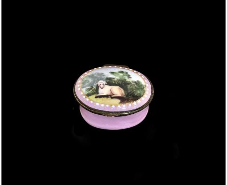 A Bilston enamel patch box, circa 1790, the oval top painted with a recumbent sheep in pasture within jewelled and gilt borde