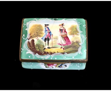 A Bilston enamel snuff box, circa 1770, rectangular bombe form, the lid with a Rococo cartouche of man and woman in garden la