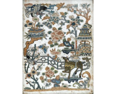 Chinese School, Qing Dynasty, a needlework panel, horse, and exotic birds against a balustrade and pagoda surrounded by folia