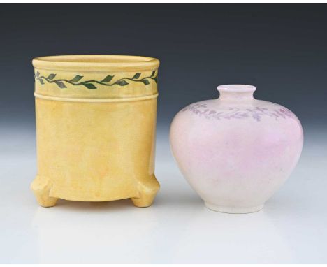 Ruskin Pottery, two vine painted lustre vases, circa 1918, shouldered ovoid form in pink draining to pearlescent, the other o