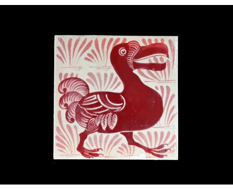 William De Morgan, an Arts and Crafts ruby lustre Dodo tile, Chelsea, circa 1880, painted with a bird facing right, red beak,