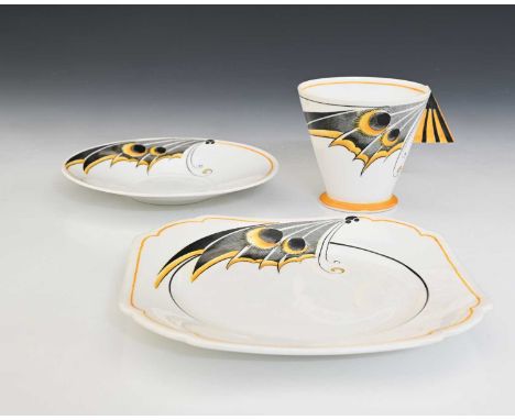 Eric Slater for Shelley, an Art Deco Mode shape Butterfly tea trio, model 11742, including conical cup, saucer and plate, wit