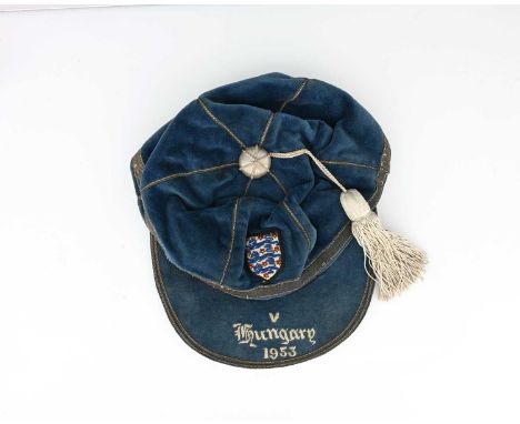 Stanley Matthews, an England international football cap, v Hungary 1953, blue velvet with silver coloured thread, applied thr