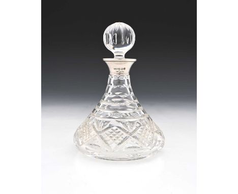 An Elizabeth II silver mounted cut glass decanter, of small proportions, Hunt and Roskell, London 1996, ships form, cut with 