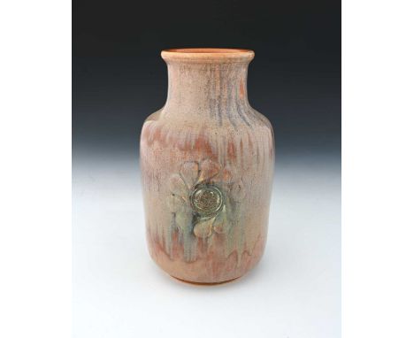 Ruskin Pottery, a relief moulded crystalline vase, 1927, shouldered form with rosettes of Celtic knot form, blue and taupe dr