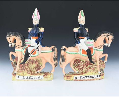 A pair of Staffordshire flatback equestrian figures, 19th century, modelled as Major General Sir George Cathcart and Lord Rag