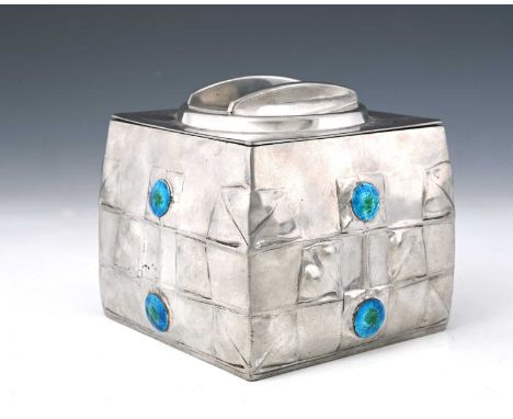 Archibald Knox for Liberty and Co., a Tudric Arts and Crafts pewter and enamelled biscuit barrel, model 0194, cuboid form, ca