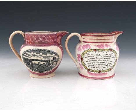 Two Sunderland lustre jugs, circa 1810, shouldered helmet form, one transfer printed with Mariners Arms and the Iron Bridge a