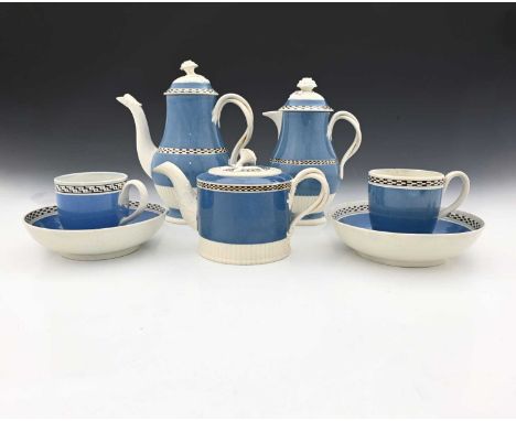 A Neale and Co. pearlware mocha tea and coffee service, circa 1790, including baluster coffee pot and covered jug, cylindrica