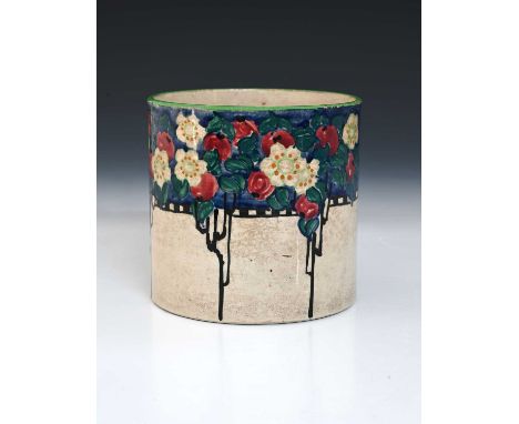 Elizabeth Amour for Bough Pottery, a Glasgow School Arts and Crafts pot, 1921, cylindrical form, painted with an arbour of fr