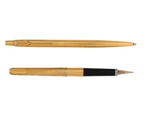 Parker, a 180 fountain pen and a Classic ballpoint pen, each gold plated pin stripe, in a Parker box, 13.5cm long (2)