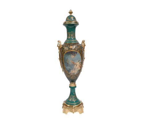 A very large Continental vase, in the Vienna style, twin handled pedestal urn form, with ormolu type mounts, painted with 18t