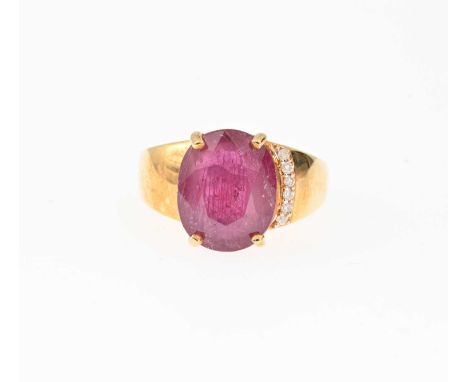 An 18ct gold ruby single-stone dress ring, with brilliant-cut diamond line side, ruby estimated weight 7ct, hallmarks for Bir
