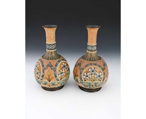 Eliza Simmance for Doulton Lambeth, a pair of stoneware bottle vases, globe and shaft form, sgraffito decorated in the Aesthe