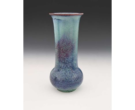 Ruskin Pottery, a High Fired vase, circa 1905, slender bulbous form with elongated cylindrical neck, turquoise green hares fu