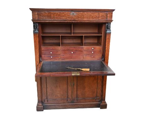 An Empire design plumb pudding mahogany bureau abattant, 19th Century, plain moulded cornice, fall-front frieze opening to pi