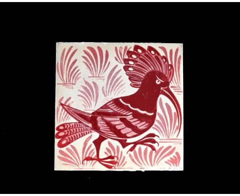 William De Morgan, an Arts and Crafts ruby lustre Hoopoe tile, Chelsea, circa 1880, painted with a bird facing right, on a fo