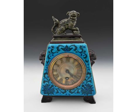 Jules Vieillard, an Aesthetic Movement French faience mantle clock, Bordeaux, circa 1880, trapezoid form, alternating panels 