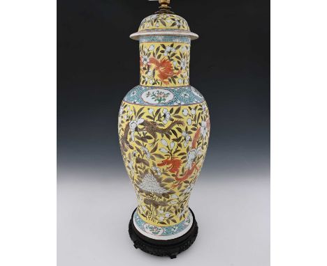 A Chinese altar vase and cover, converted to a lamp, yellow ground with white carnation design, between blue ground bands of 