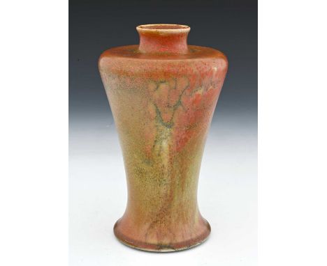 Ruskin Pottery, a Souffle glazed vase, 1905, Meiping form, mottled orange with green fissured veins and curdling, impressed m