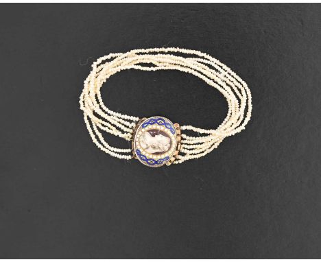 A late Georgian seed pearl seven-row bracelet, with polychrome enamel portrait clasp, length 17cm, 11.6g