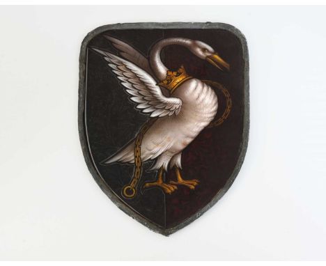 An Arts and Crafts stained glass shield form panel, painted with the coat of arms of Buckingham Town, a Bohun Swan on a bisec