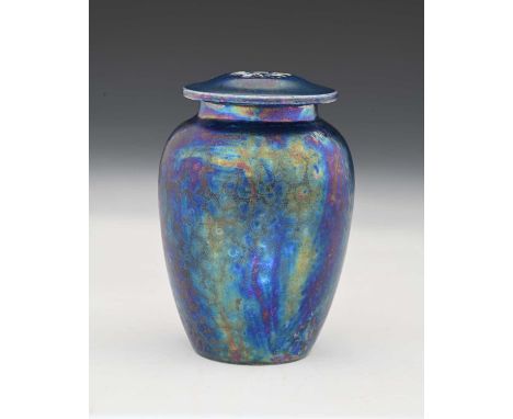 Ruskin Pottery, a Kingfisher lustre vase and cover, 1920, shouldered form with reticulated lid, pierced heart petal rosette, 