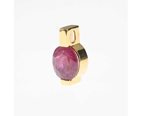An 18ct gold ruby single-stone pendant, ruby estimated weight 8.50ct, hallmarks for Birmingham 2006, length 2.4cm, 7.7g