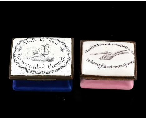 Two Bilston enamel patch boxes, circa 1790, cushion topped plinth form, one lid inscribed Alas by You Im Wounded Through, aro