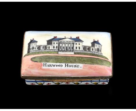 A large Bilston enamel snuff box, circa 1790, cushioned cuboid form, painted with a scene of Harwood House [sic], the interio